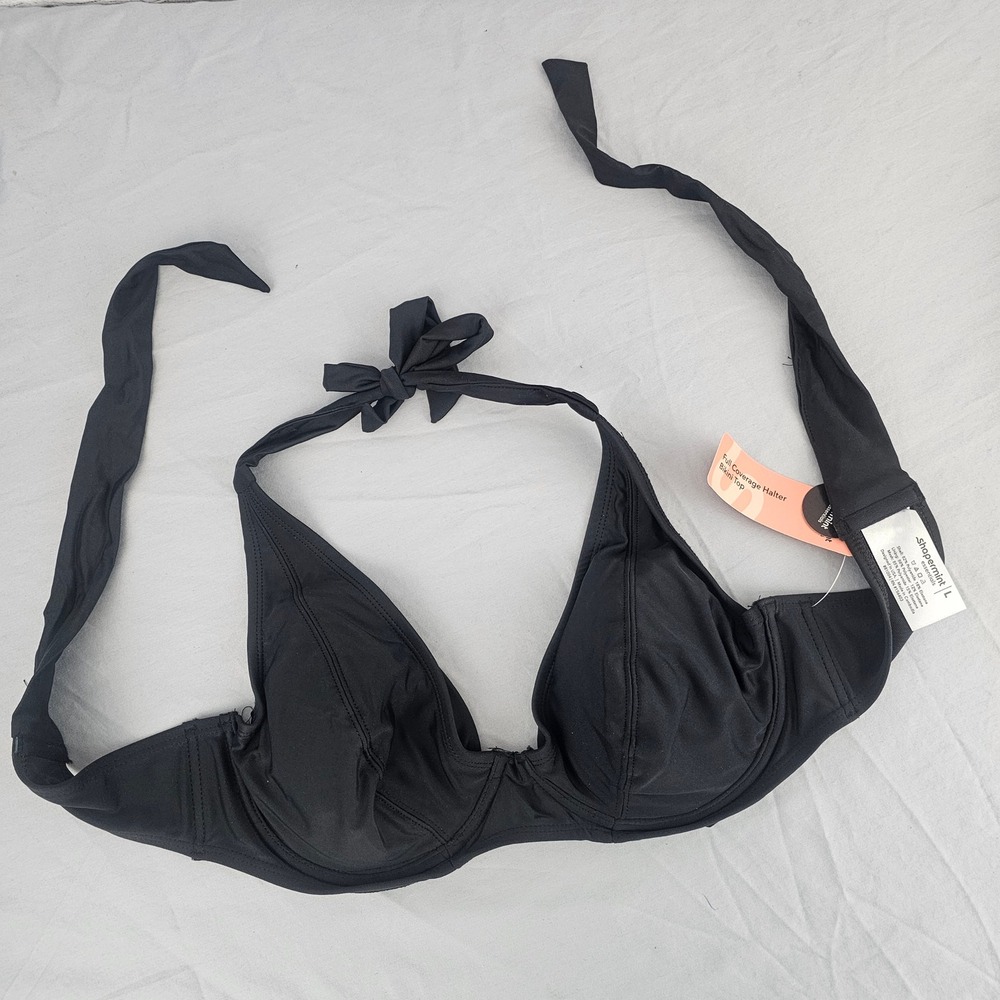 Shapermint L Large Halter Bikini Top Black Full Coverage Removable Pads NWT L748
